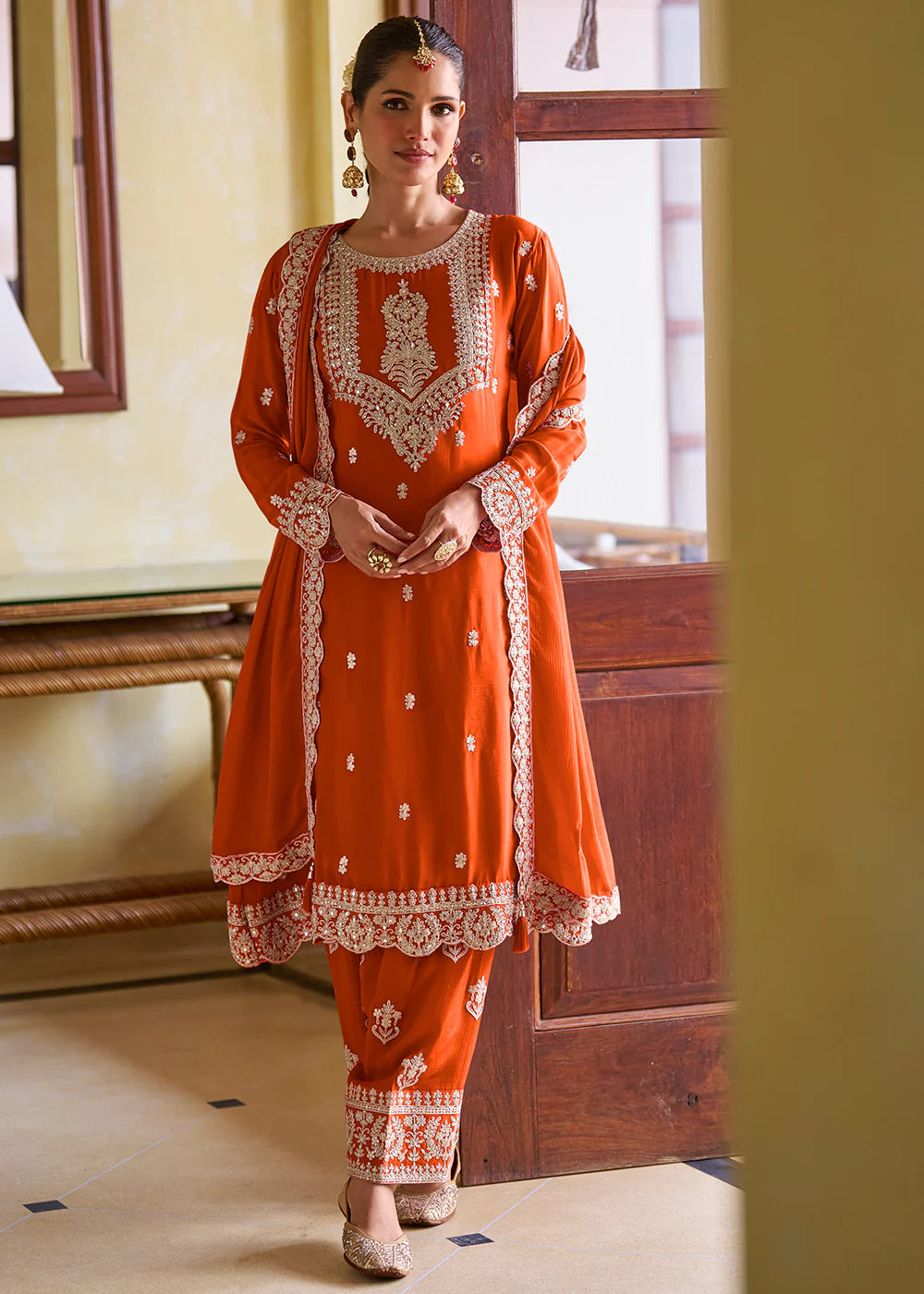 Buy Rust Orange Chinnon Salwar Suit Online