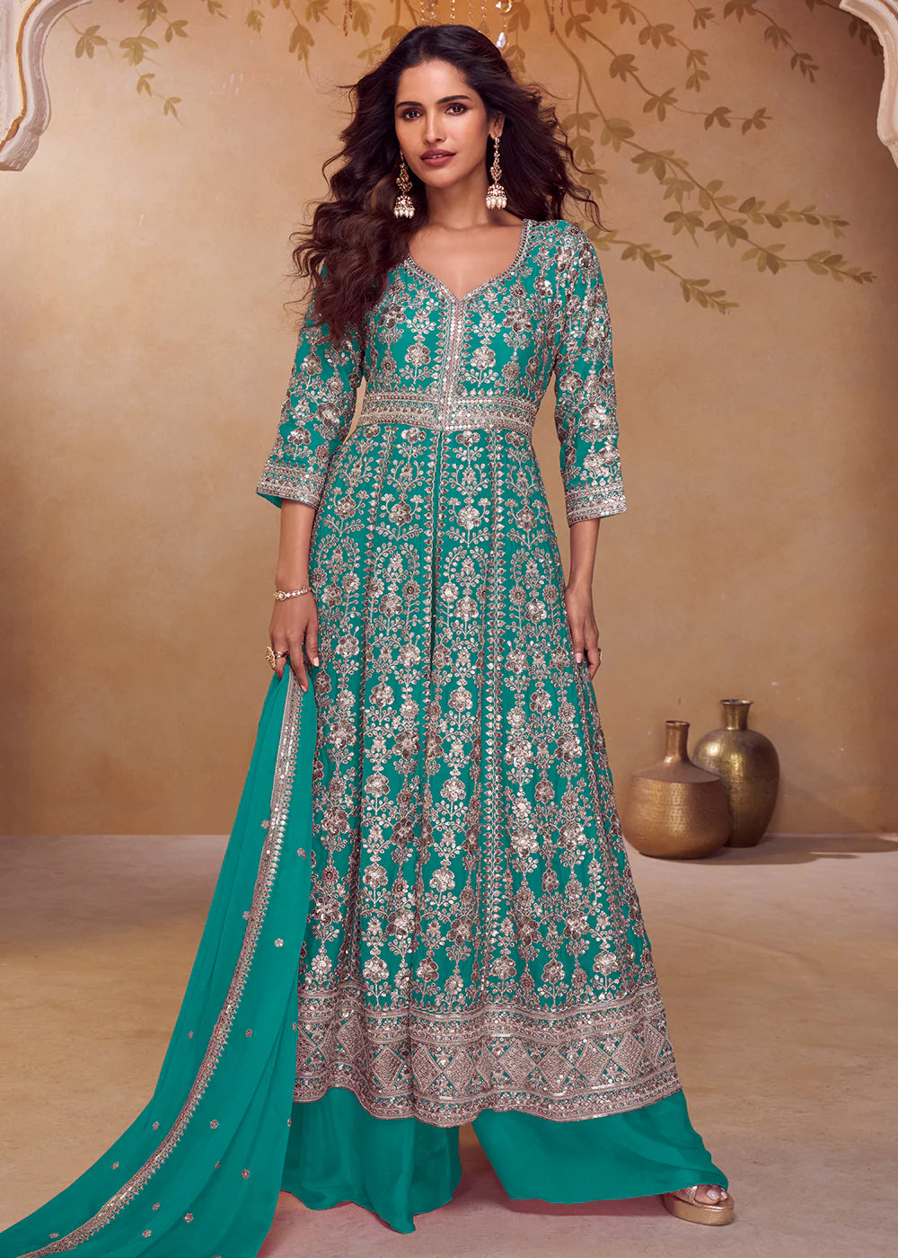 teal green chinnon suit