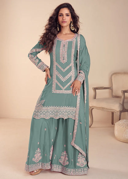 sage green palazzo suit