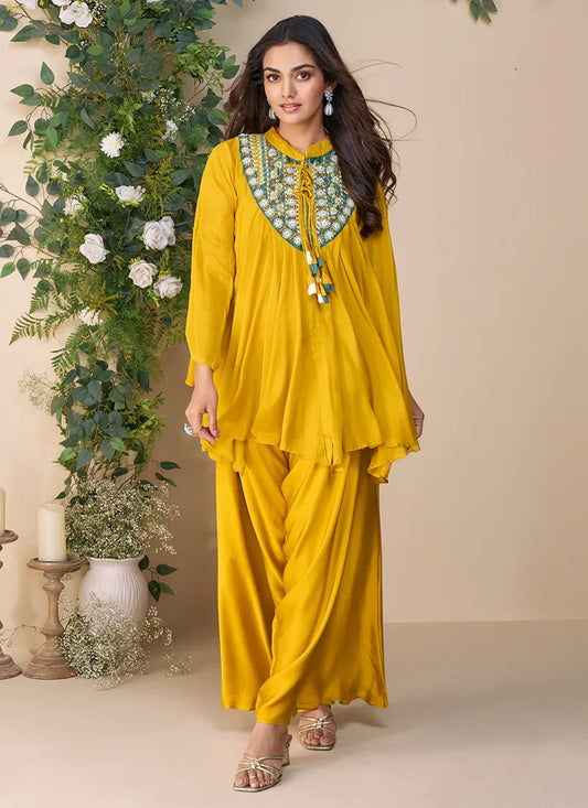 Designer Yellow Poncho Style Palazzo Suit in Chinon – Mehndi & Haldi Wear