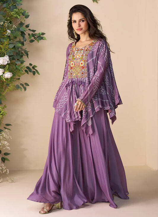 Designer Lavender Poncho Style Palazzo Suit in Chinon