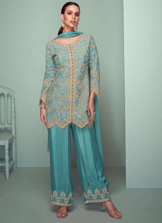 Teal Blue Chinon Embroidered Suit with Pant & Dupatta for Indian Wedding & Pakistani Festival