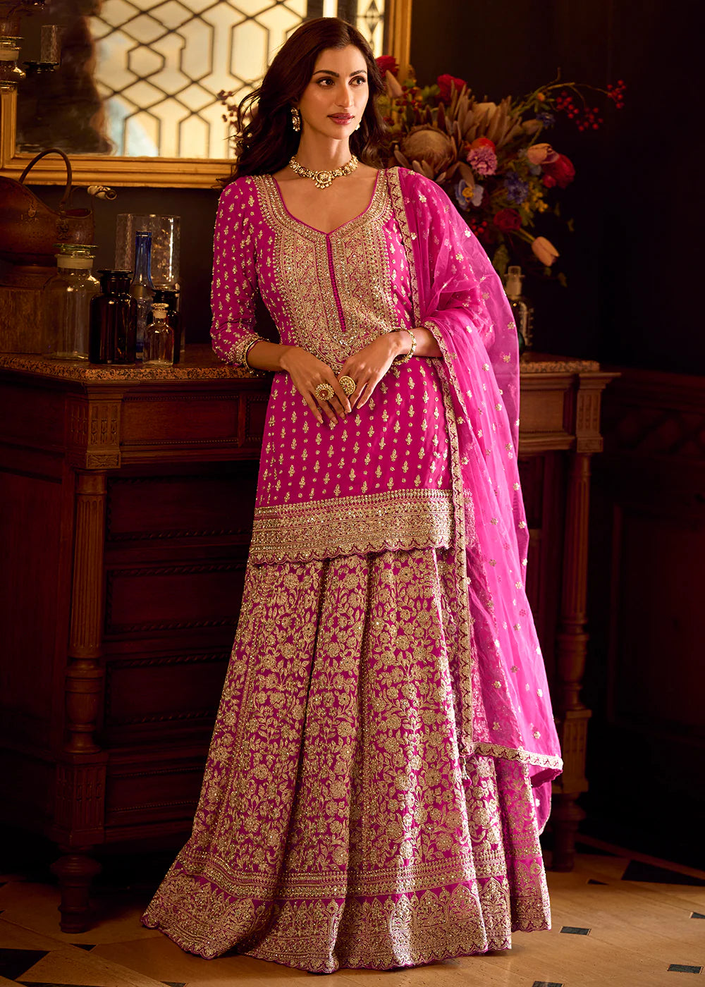 Blush Pink Georgette Lehenga-Style Suit with Intricate Mirror Work