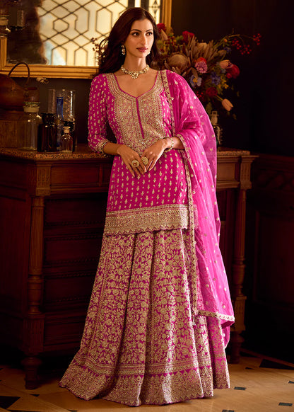 Blush Pink Georgette Lehenga-Style Suit with Intricate Mirror Work