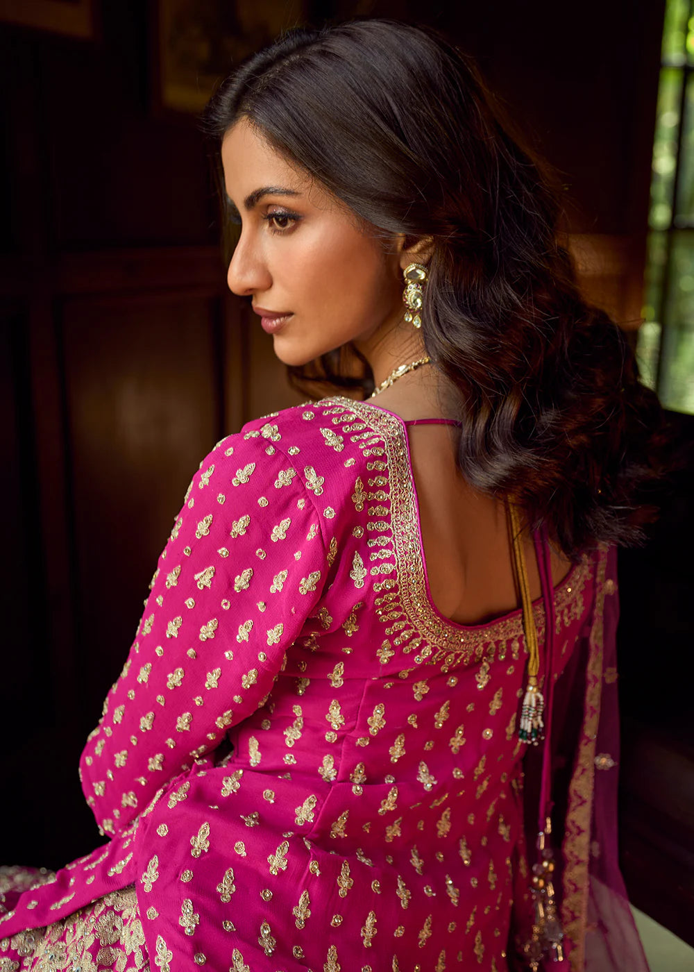 Blush Pink Georgette Lehenga-Style Suit with Intricate Mirror Work