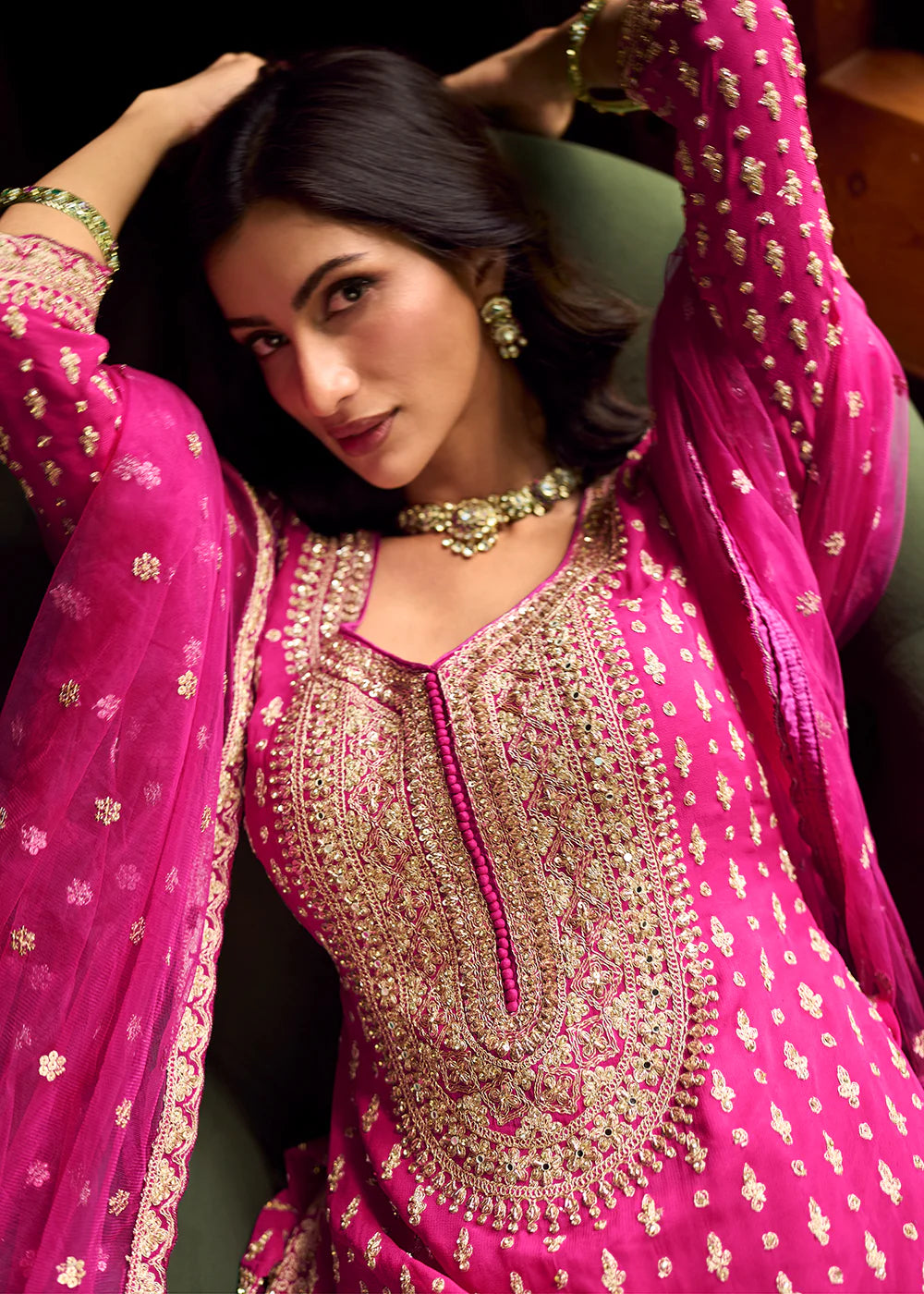 Blush Pink Georgette Lehenga-Style Suit with Intricate Mirror Work