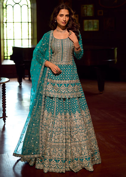 Rich Teal Georgette Lehenga-Style Suit Adorned with Handcrafted Mirror Work