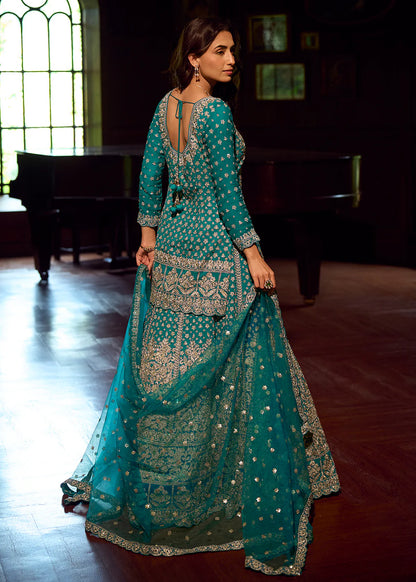 Rich Teal Georgette Lehenga-Style Suit Adorned with Handcrafted Mirror Work