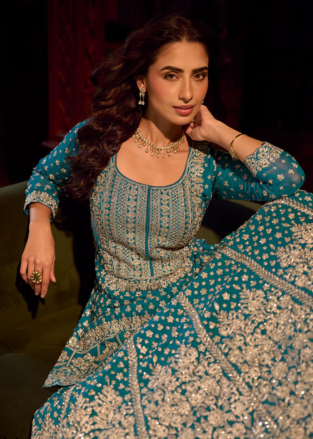 Rich Teal Georgette Lehenga-Style Suit Adorned with Handcrafted Mirror Work