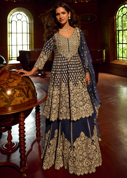 Royal Blue Georgette Lehenga-Style Suit with Intricate Mirror Work