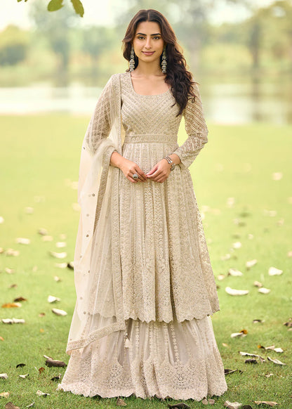 Eid Collection Beige Embroidered Net Palazzo Suit Set