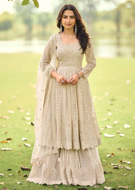 Eid Collection Beige Embroidered Net Palazzo Suit Set
