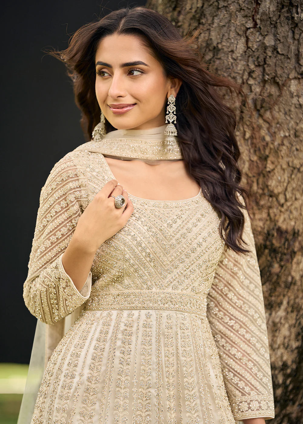 Eid Collection Beige Embroidered Net Palazzo Suit Set