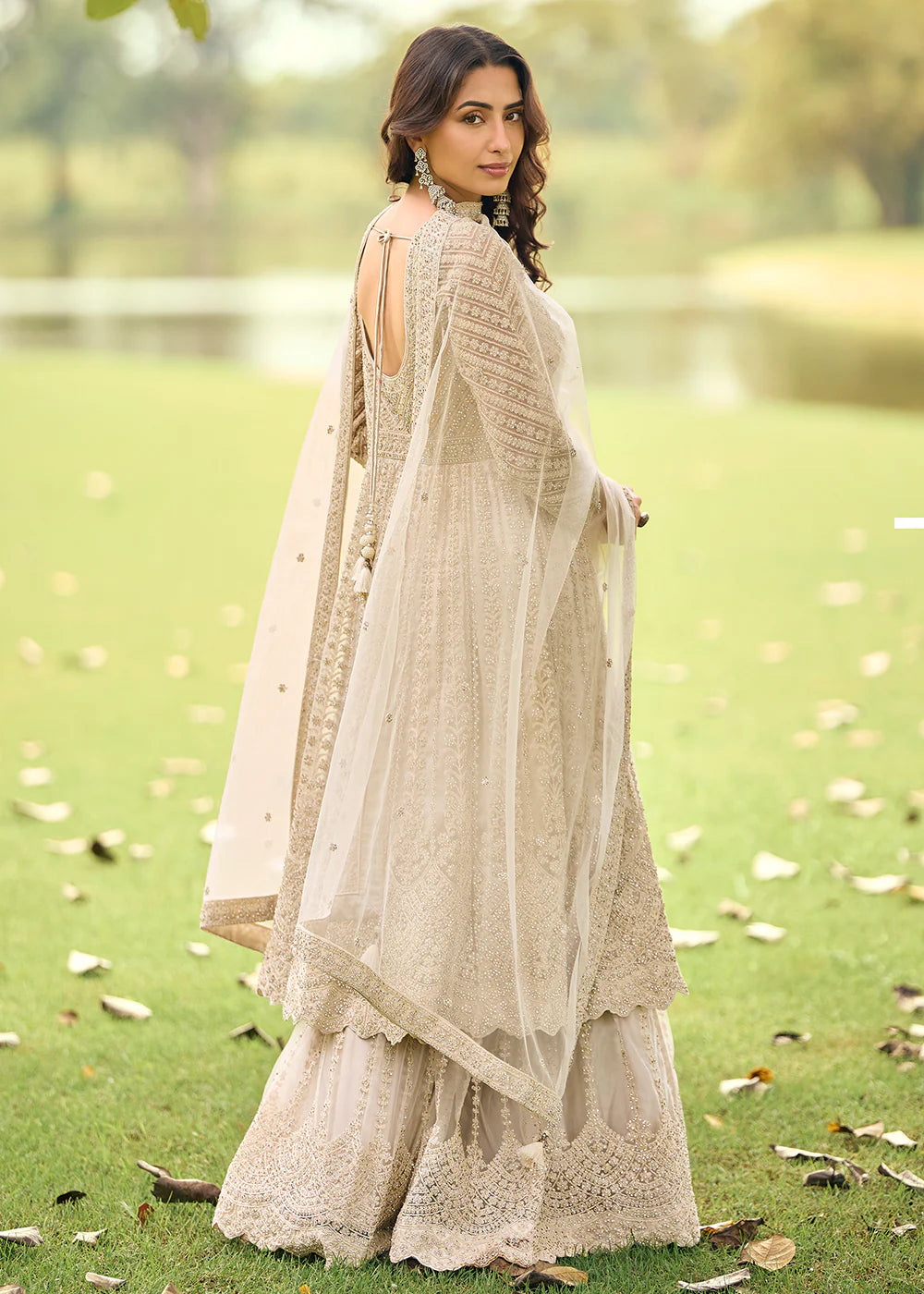Eid Collection Beige Embroidered Net Palazzo Suit Set