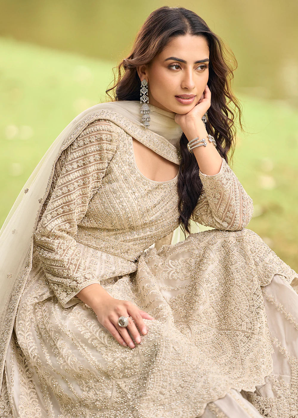 Eid Collection Beige Embroidered Net Palazzo Suit Set
