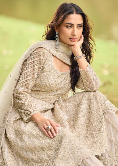 Eid Collection Beige Embroidered Net Palazzo Suit Set