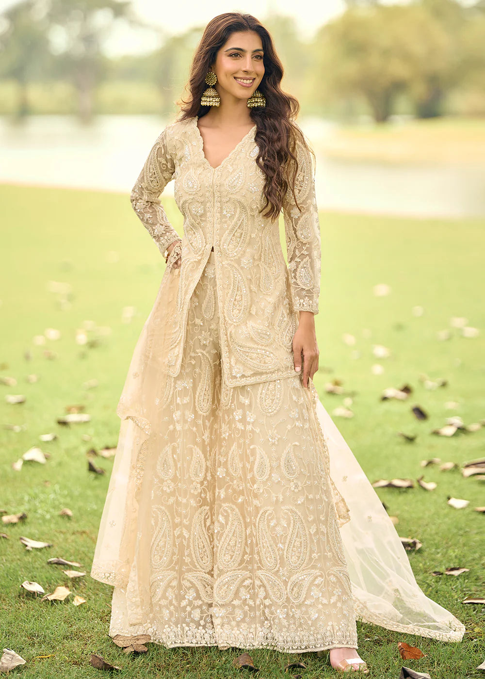 Elegant Festive Eid Wear – Cream Embroidered Net Palazzo Suit