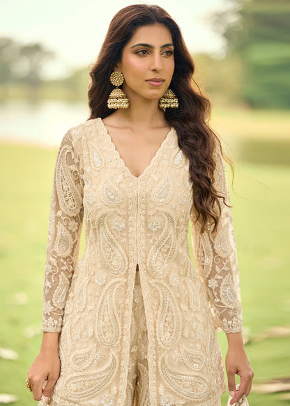 Elegant Festive Eid Wear – Cream Embroidered Net Palazzo Suit