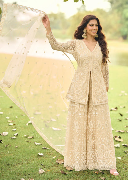 Elegant Festive Eid Wear – Cream Embroidered Net Palazzo Suit