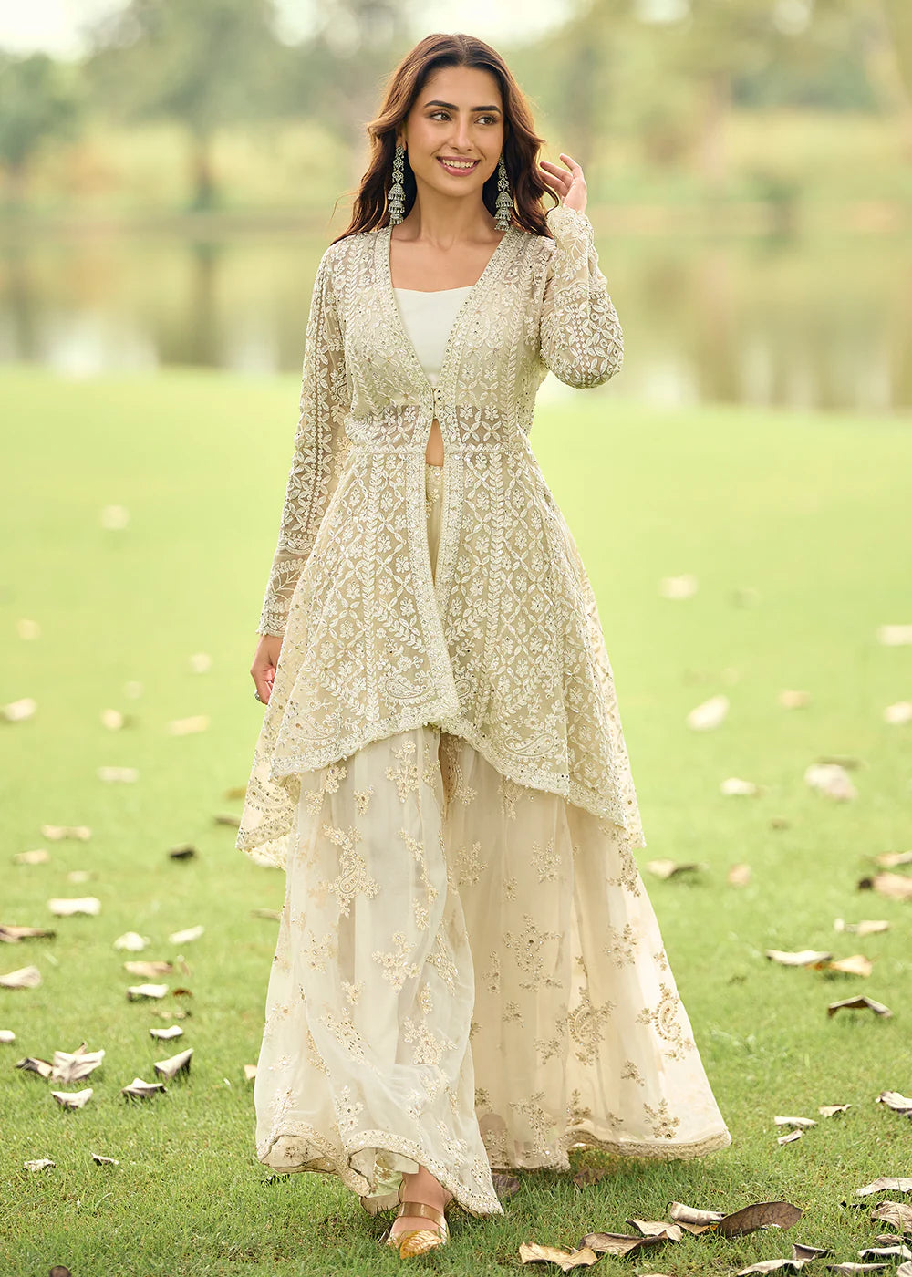 Designer Ivory Embroidered Indo Western Net Palazzo Suit Set