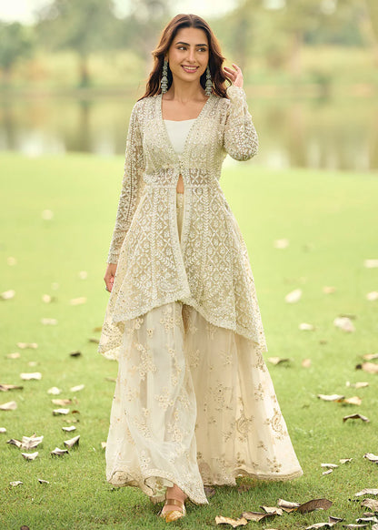 Designer Ivory Embroidered Indo Western Net Palazzo Suit Set