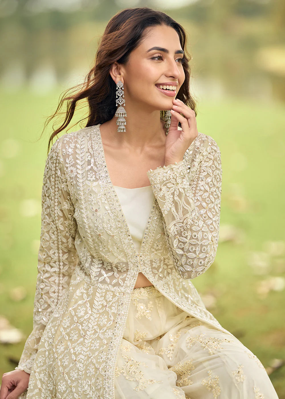 Designer Ivory Embroidered Indo Western Net Palazzo Suit Set