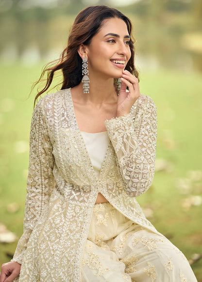 Designer Ivory Embroidered Indo Western Net Palazzo Suit Set