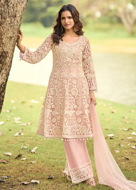 Festive Eid Special Pink Embroidered Net Palazzo Suit with Palazzo