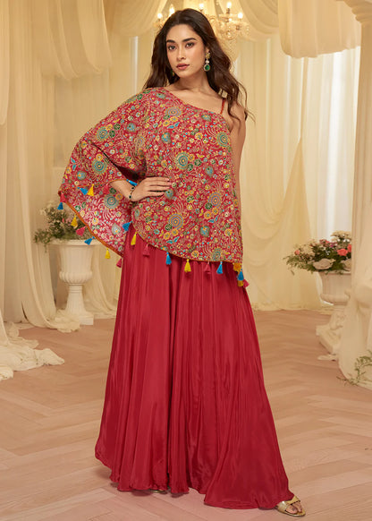 Stylish Red Viscose Crepe Indo Western Palazzo Dress