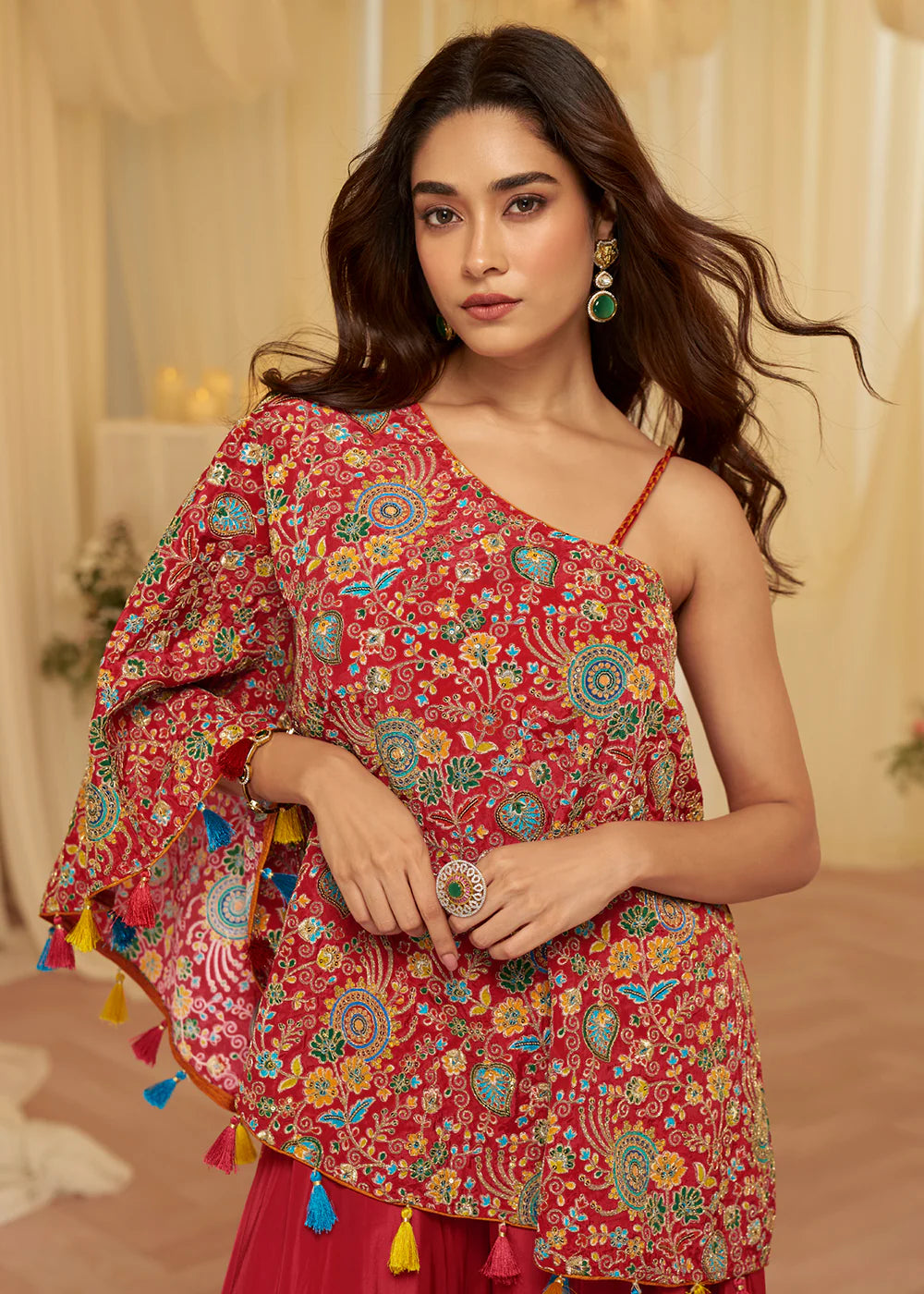 Stylish Red Viscose Crepe Indo Western Palazzo Dress