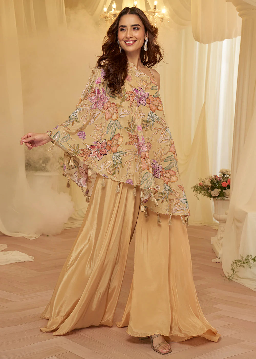 Trendy Beige Viscose Crepe Palazzo Style Dress