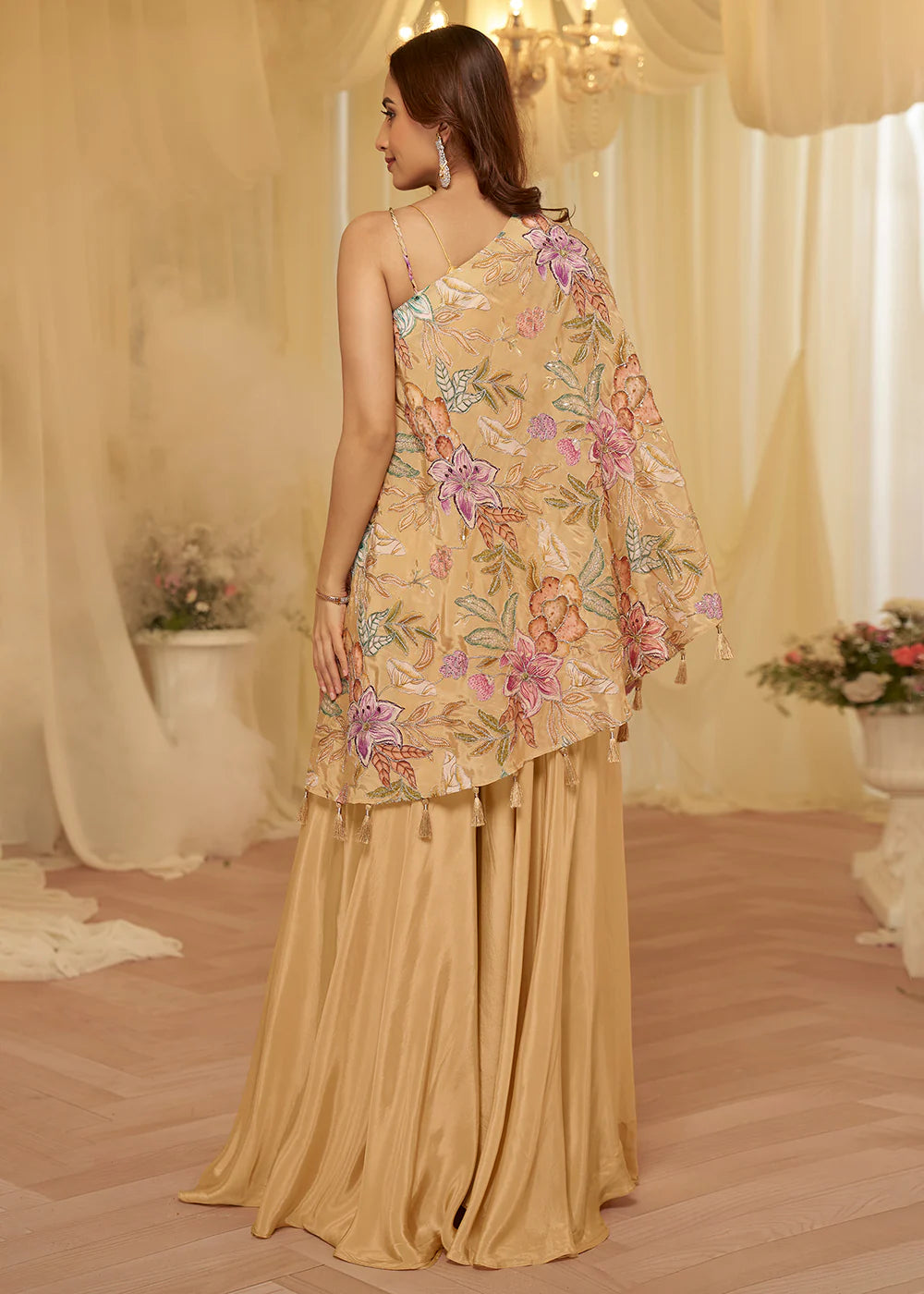 Trendy Beige Viscose Crepe Palazzo Style Dress