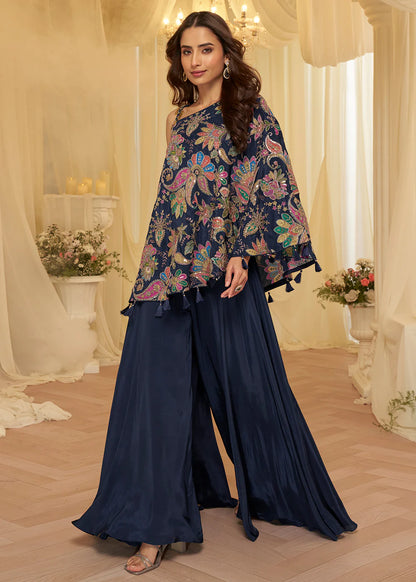 Stylish Blue Viscose Crepe Indo Western Palazzo Dress