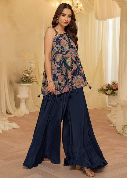 Stylish Blue Viscose Crepe Indo Western Palazzo Dress