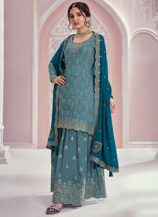 Buy Blue Chinnon Embroidered Sharara Suit with Dupatta for Indian Weddings and Pakistani Festivals 