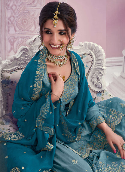 Blue Chinnon Embroidered Sharara Suit with Dupatta for Indian Weddings and Pakistani Festivals