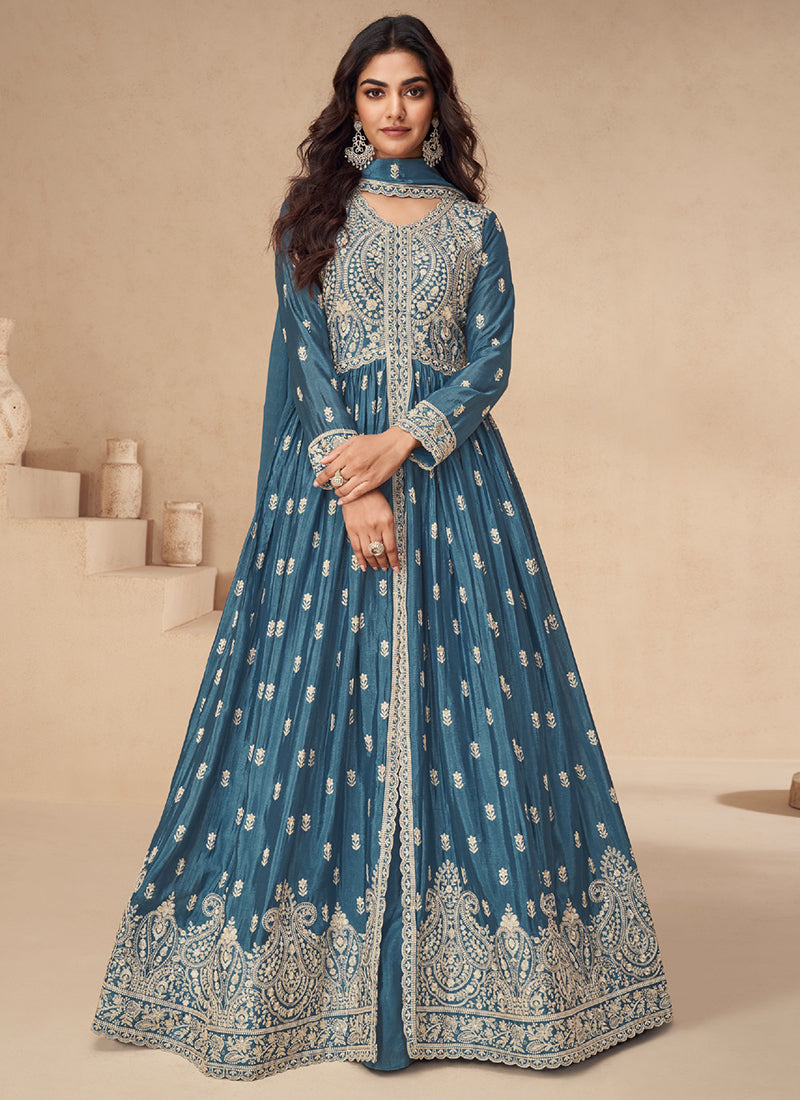 Shop Blue Chinnon Silk Embroidered Anarkali Gown with Dupatta