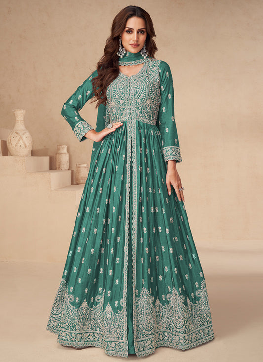 Green Chinnon Silk Embroidered Anarkali Gown with Dupatta for Indian Wedding and Pakistani Festival