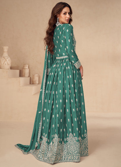 Green Chinnon Silk Embroidered Anarkali Gown with Dupatta for Indian Wedding and Pakistani Festival