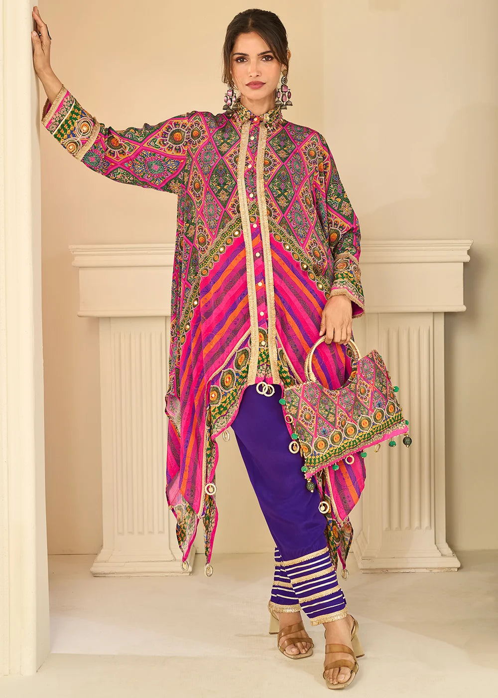 Buy Designer Pink Violet Digital Print Pant Suit Online - Multicolor Embroidery, Free Shipping US UK Canada