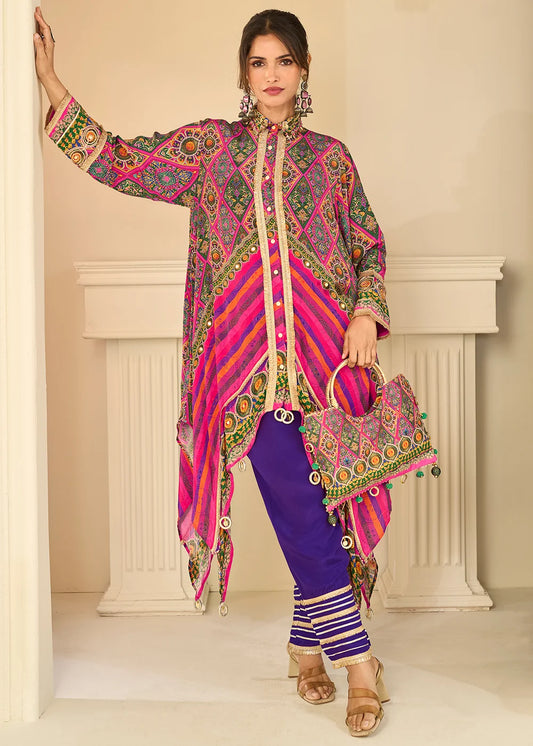 Buy Designer Pink Violet Digital Print Pant Suit Online - Multicolor Embroidery, Free Shipping US UK Canada