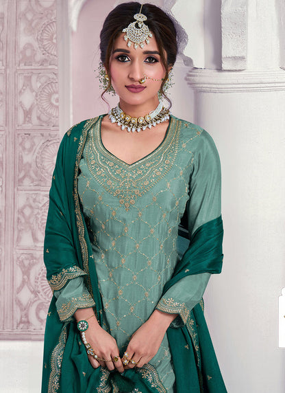 Teal Green Chinnon Embroidered Sharara Suit with Dupatta for Indian Weddings and Pakistani Festivals