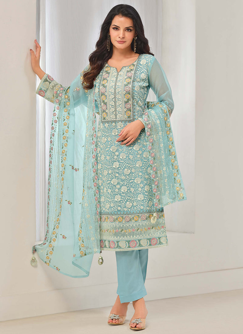 Designer Sky Blue Organza Chiffon Embroidery Salwar Suit-Perfect for Indian Festival and Pakistani Wedding