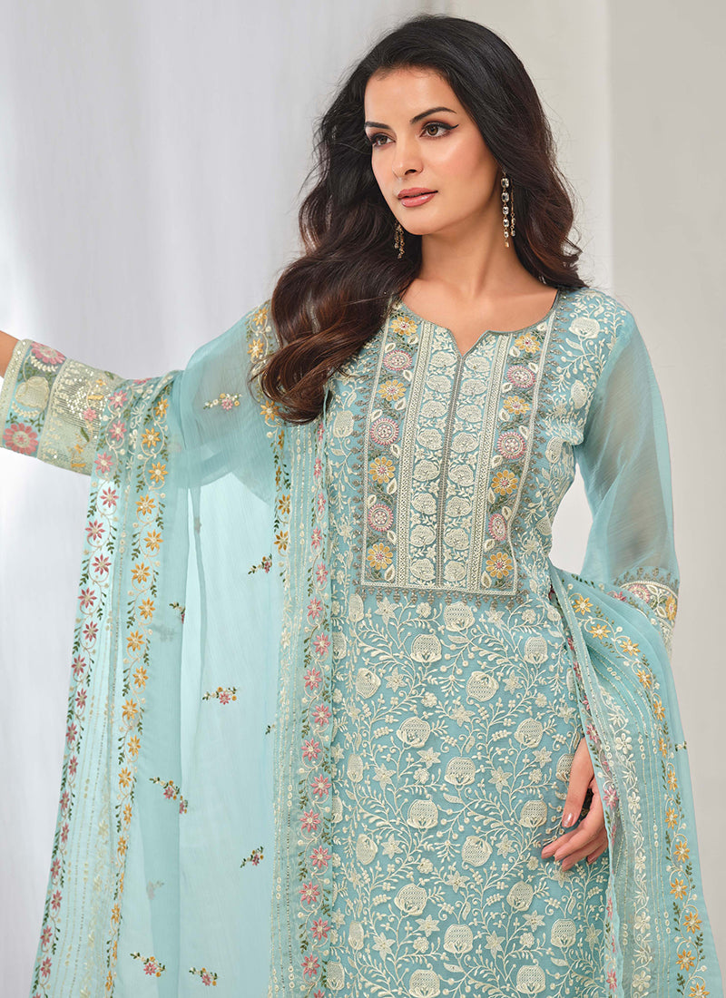 Designer Sky Blue Organza Chiffon Embroidery Salwar Suit-Perfect for Indian Festival and Pakistani Wedding