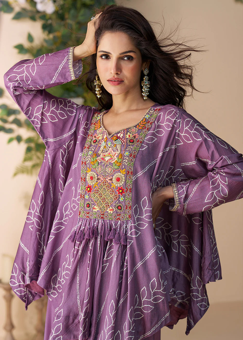 Designer Lavender Poncho Style Palazzo Suit in Chinon