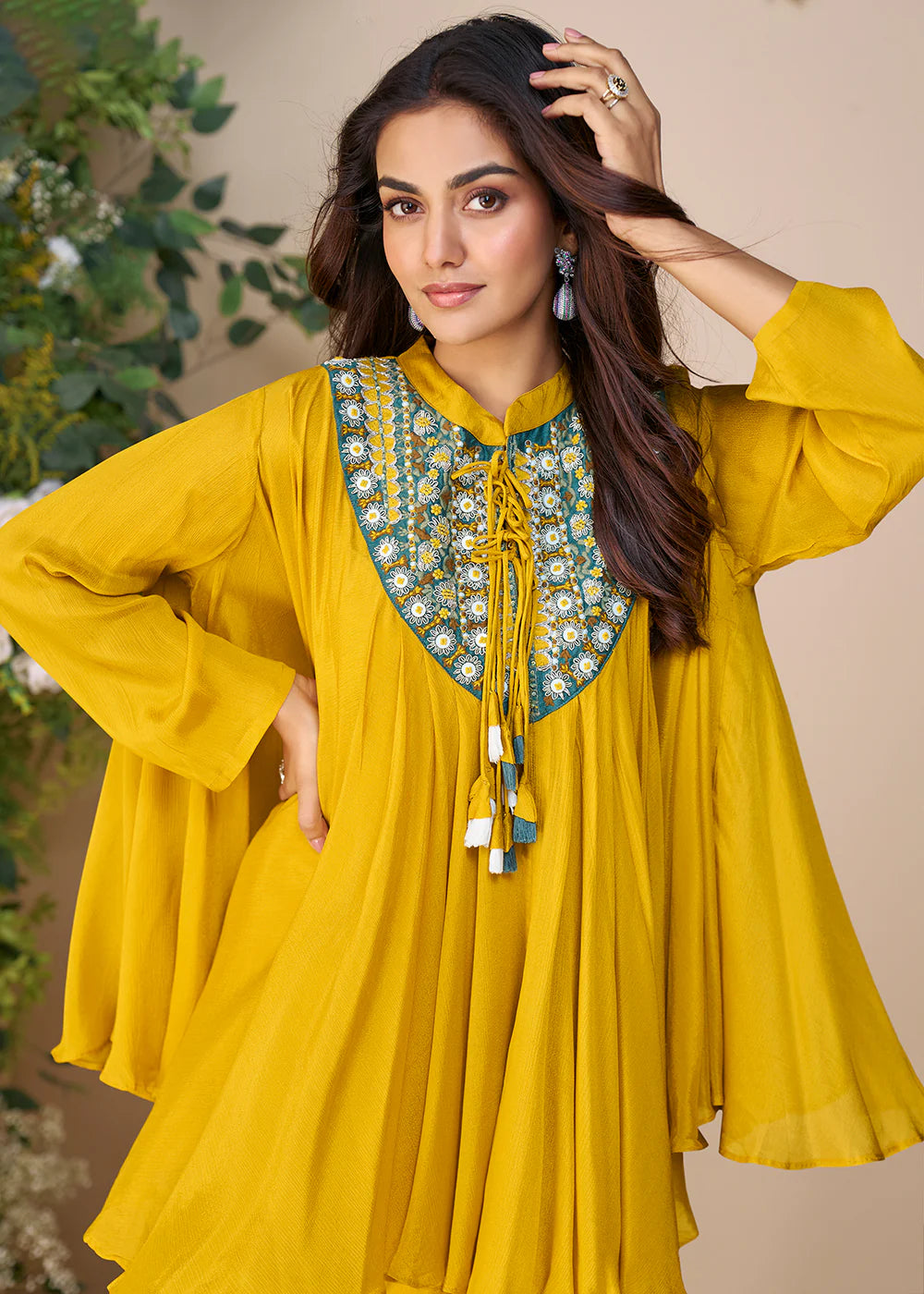 Designer Yellow Poncho Style Palazzo Suit in Chinon – Mehndi & Haldi Wear