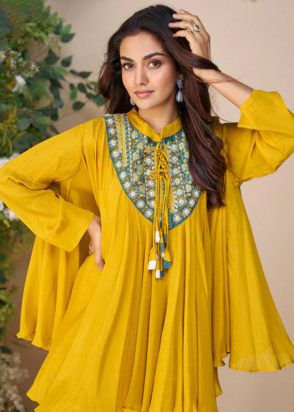 Designer Yellow Poncho Style Palazzo Suit in Chinon – Mehndi & Haldi Wear