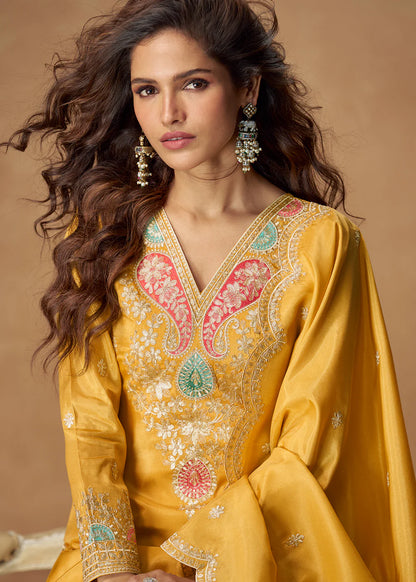 Mustard Yellow Simar Silk Palazzo Suit with Zari Embroidery For Pakistani Wedding and Indian Festival