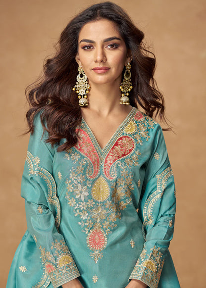 Blue Simar Silk Palazzo Suit with Dupatta for Pakistani Wedding and Indian Festival