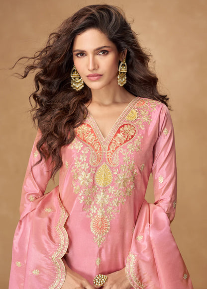 Blush Pink Simar Silk Palazzo Suit with Zari Embroidery For Pakistani Wedding and Indian Festival